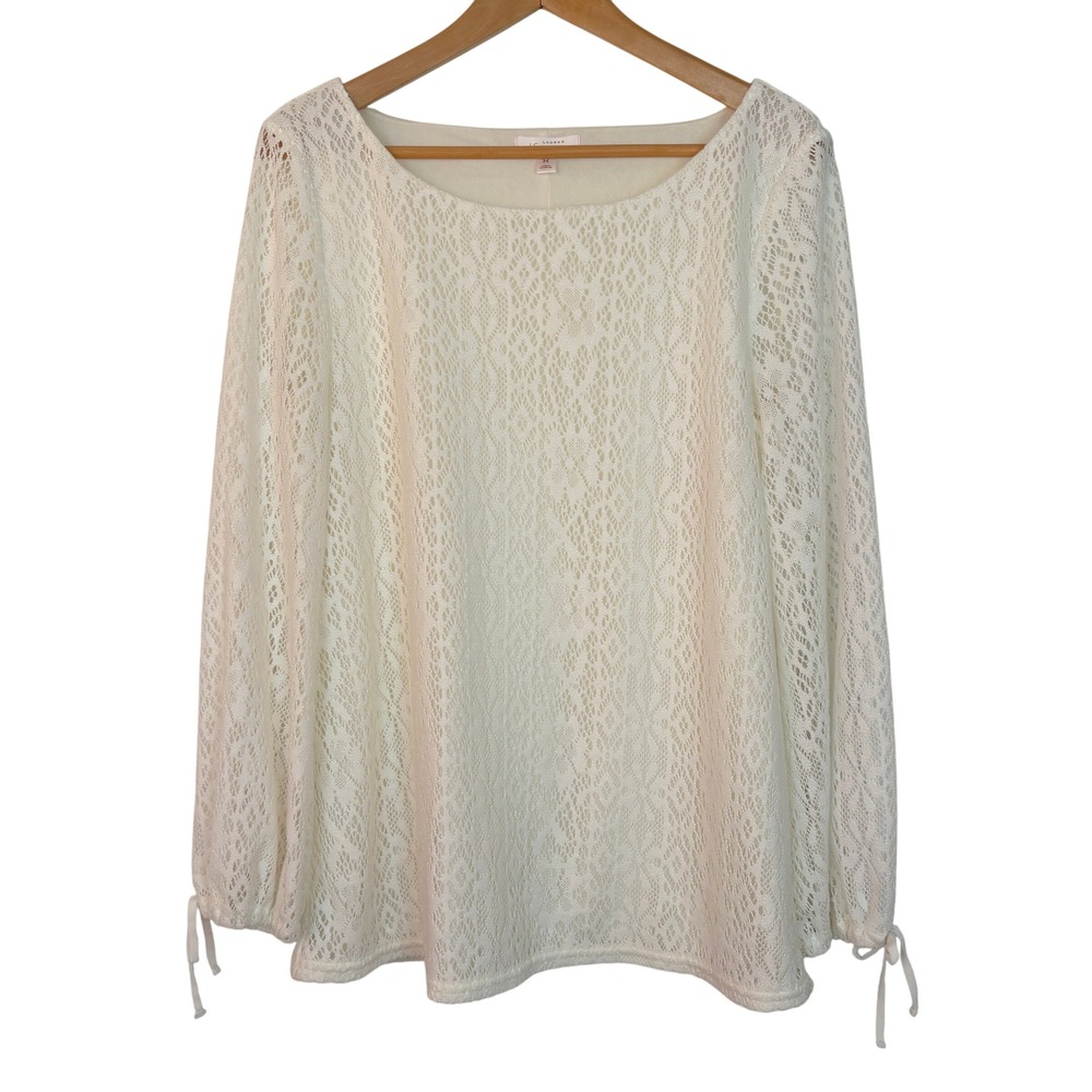 Lauren Conrad Womens Long Sleeve Lace Blouse Top Size Medium Ivory Tie Cuff Boho